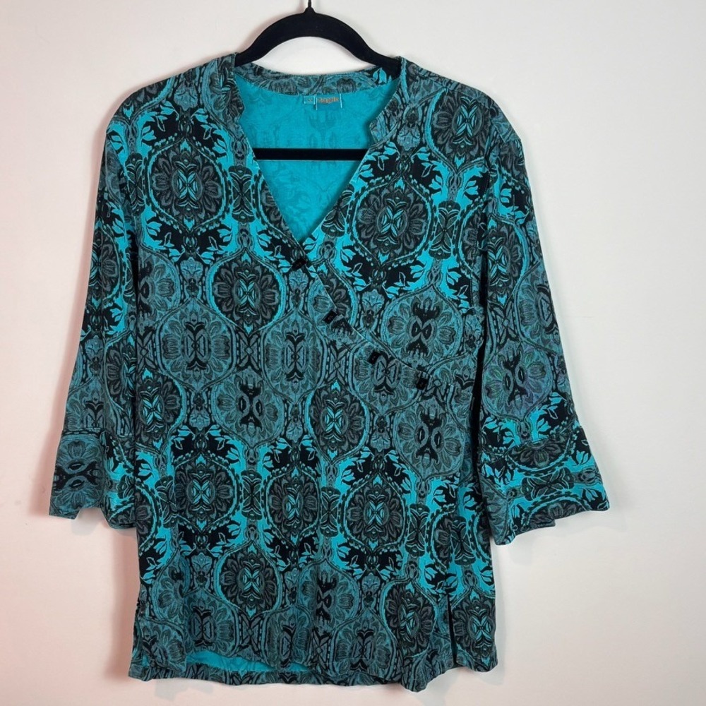 Tianello Women Teal Blue Button Detail Faux Wrap 3/4 Sleeve Artsy Boho Blouse XS